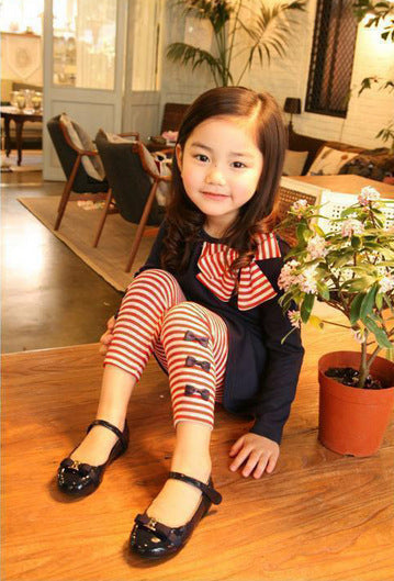 Girls Striped Bow Tie Round Neck T-shirt Leggings Kids Suit