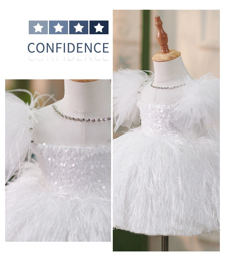 Girls Sequins White Flying Sleeves Feather Dress