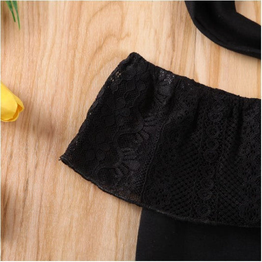 Children's Black Lace Strapless Shirt Jumpsuit and Headband Summer Baby Suit