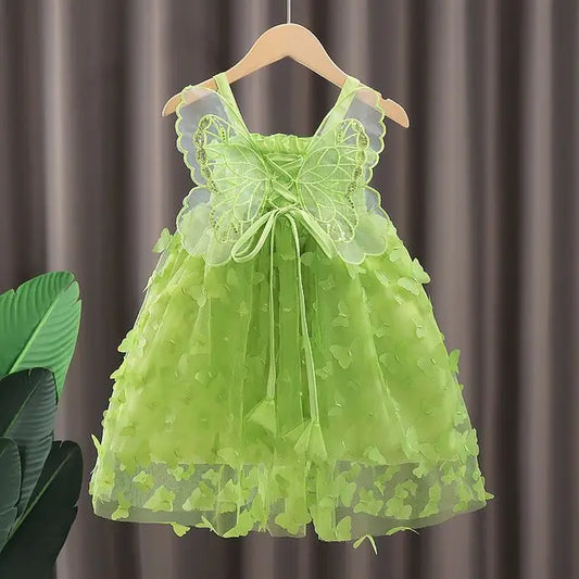 Fairy Girl Glitter Butterfly Wings Dress Summer New Kids Green Sling Princess Dresses Party Girls Costume (Available)
