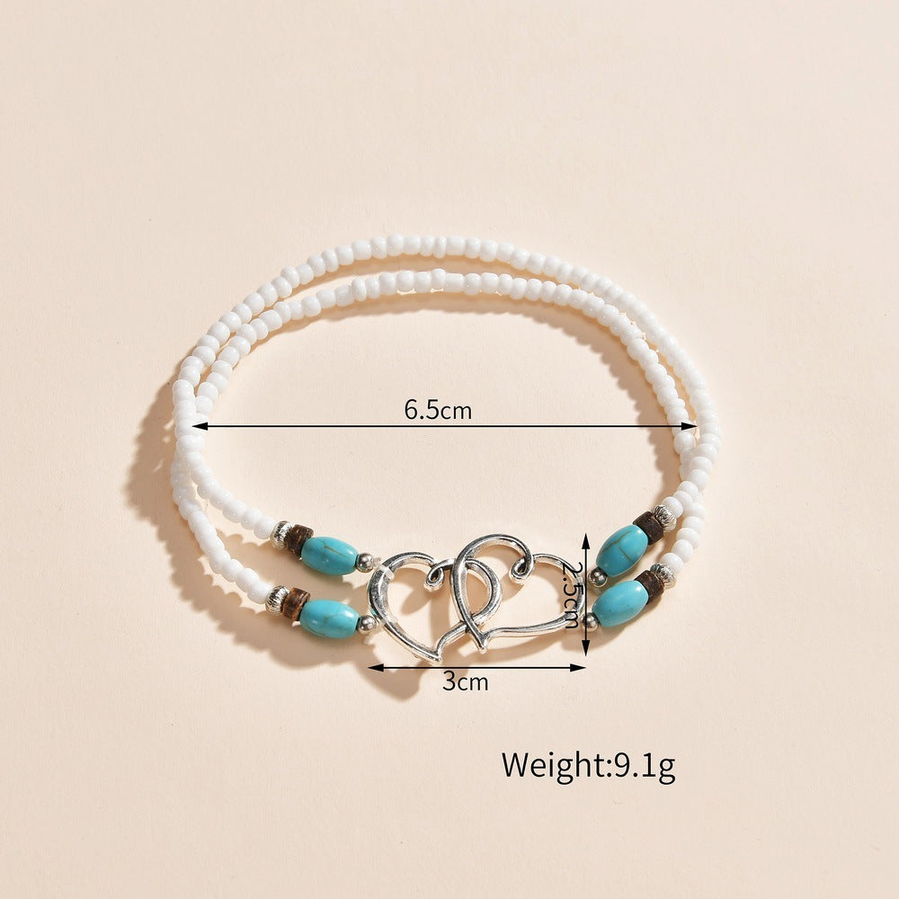 Alloy Double Heart Rice Bead Turquoise Double-layer Elastic Ankle Chain (Available)