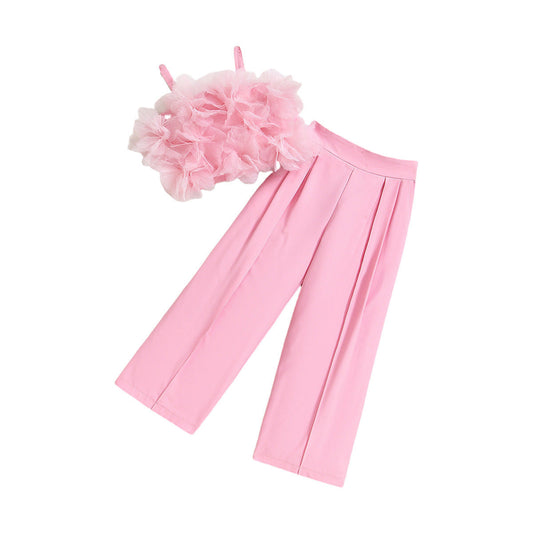 Mesh Three-dimensional Flower Sling Top Slim Fit Suit Pants Suit (Available)