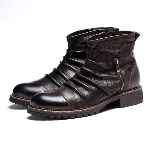 Retro Round Toe PU Leather Side Zipper Martin Chunky Heel Ankle Boots