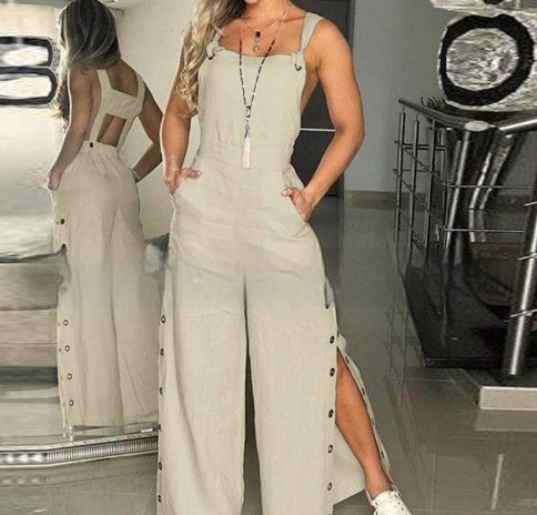 Women's Solid Color Sleeveless Side Pocket Casual Wide Leg Side Buckle Jumpsuit