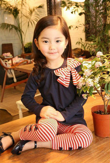 Girls Striped Bow Tie Round Neck T-shirt Leggings Kids Suit