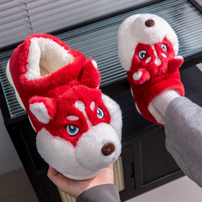 Cute Husky Cartoon Pure Cotton Slippers Men's Style Warm Indoor Slippers For Winter Home Use