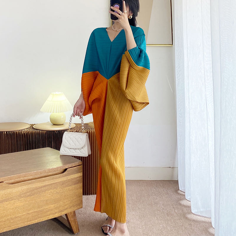 New Pleated Ball Dress Print Long Sleeve Maxi Dress Pleated Miyake Dresses Women Elegant