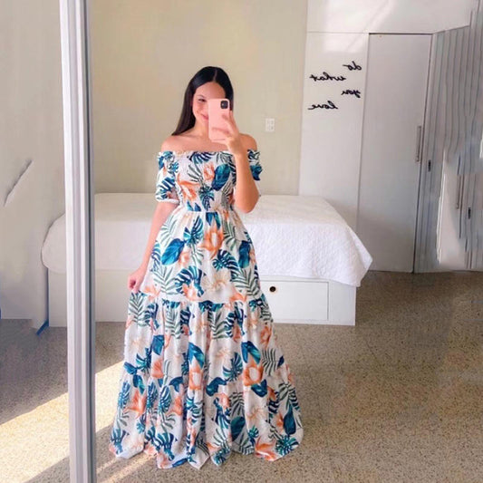 Fashion Ladies Long Summer One-shoulder Floral Dress