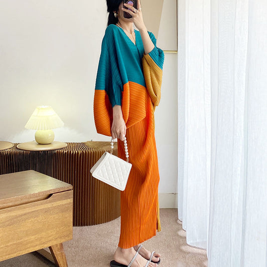 New Pleated Ball Dress Print Long Sleeve Maxi Dress Pleated Miyake Dresses Women Elegant