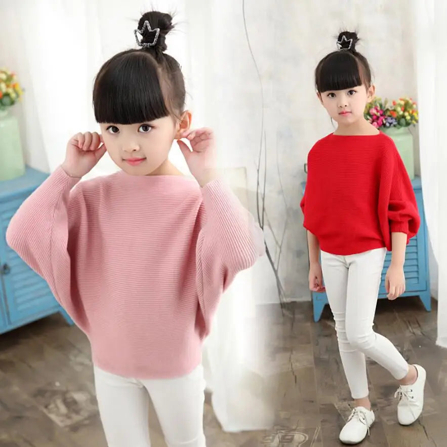 Spring Autumn Baby Toddler Teenage Children's Clothing Girls Pullover Sweater Long Batwing Sleeve Kids Knit Sweaters Tops (Available)