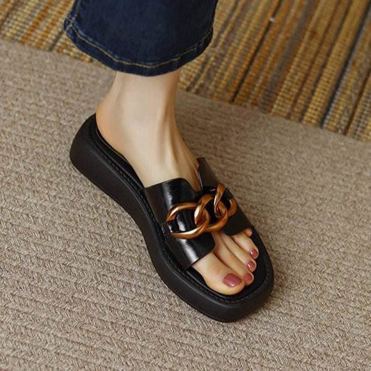 New Arrival Fashion Woman Thick Sole Sandal Outdoor Metal Buckle Square Toe Slippers Sexy Casual Shoes For Ladies