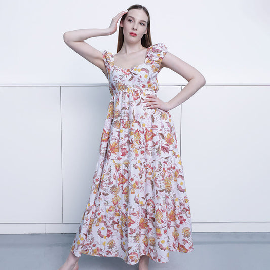 Couture long semi formal prom dress western european medieval plus size elegant lady girls printed horn sleeve cake dress