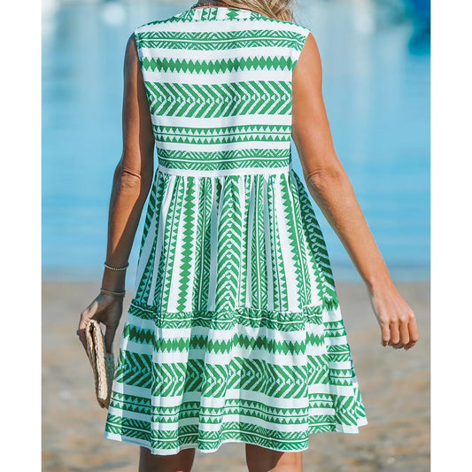Summer Bohemian Style Vacation Beach V-Neck Sleeveless Casual Mini Dress