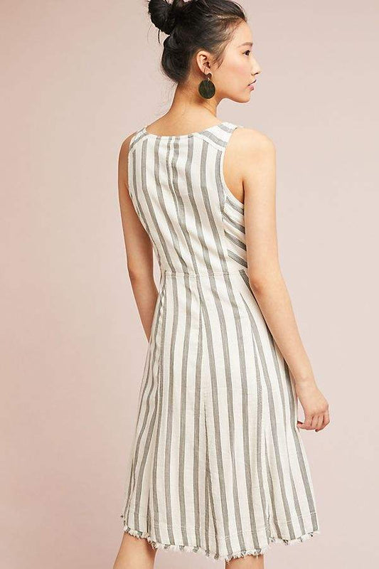 Women summer v neck sleeveless button down casual fashion striped linen dress with front pockets