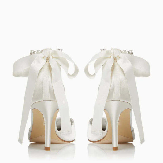 Ladies Bridal Shoes Elegant White Satin Stiletto Heels Ankle Strap Pumps