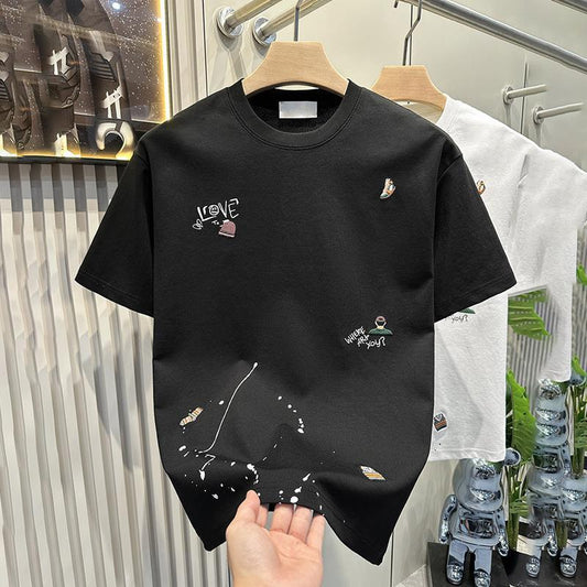 Men's Clothing New Korean Fashion Embroidered T-shirt Short-sleeved Bottoming Shirt 2024 Summer New Versatile Round Neck Top