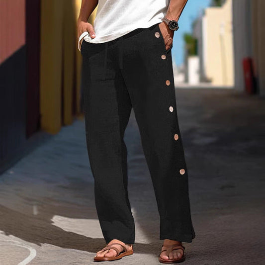 Men's Linen Trousers Drawstring Elastic Waist Side Buckle Solid Color Breathable Comfortable