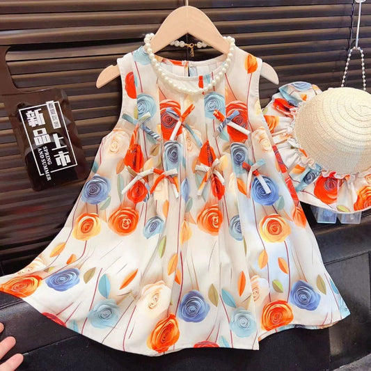 Girls Rose Flower Bowknot Dress 2025 Baby Sweet Princess Dress Sleeveless Vest Dress with Hat (Available)