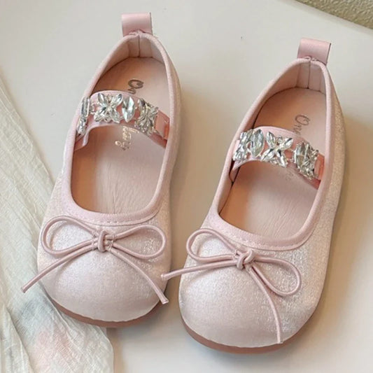 Girls' Rhinestone Princess Shoes Simple Versatile Kids Bow Leather Shoe Comfort Non Slip Girls Flat Casual Shoes