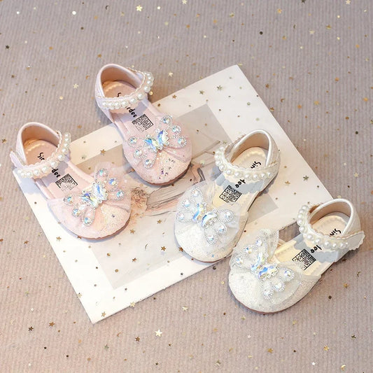 Baby Girls Leather Shoes Spring Summer Children Casual Half Sandals Sequins with Crystal Butterfly Fashion Princess Sweet