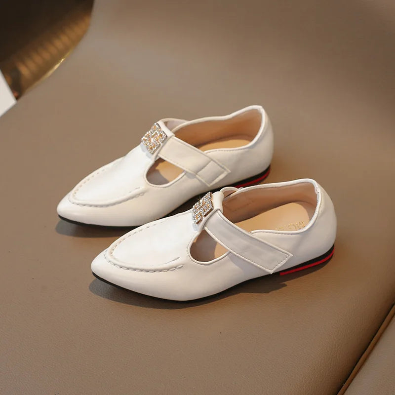 Fashion Girls' Shoes Autumn New Kids Formal Pointed Leather Shoes Simple Versatile Girls' Rhinestone Casual Shoes Zapatos