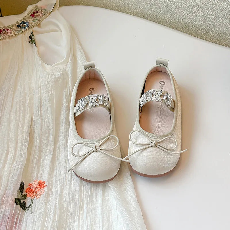 Girls' Rhinestone Princess Shoes Simple Versatile Kids Bow Leather Shoe Comfort Non Slip Girls Flat Casual Shoes