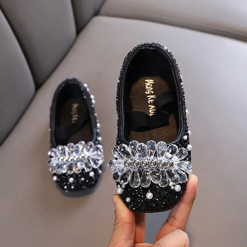 Kids Girl Shoes New Girls Princess Shoes Fashion Children Sequins Bling Bow Shoe Kid Rhinestone Non-slip Flat Shoe