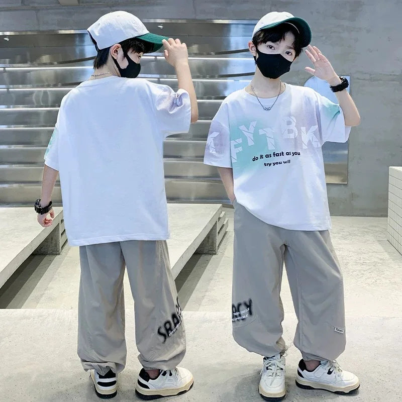 Teenager Boys Clothes Casual Outfit Kids Gradient Tracksuit Child t shirt + ankle tie pant