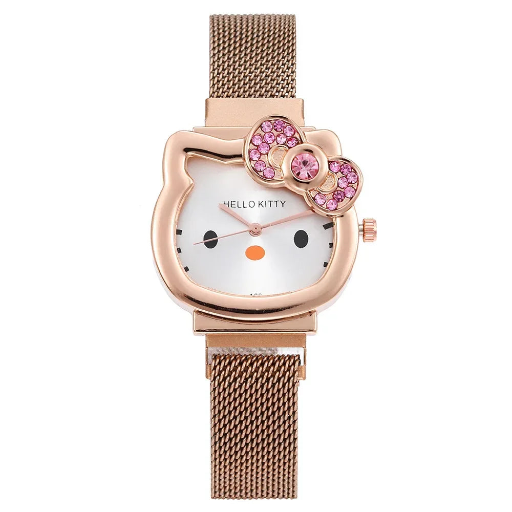 Hello Kitty Cartoon Watch Cute Student Fashion Watch Bow Decoration Quartz Wristwatch Girl Christmas Gift