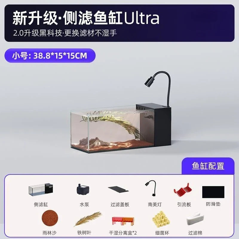 Desktop Stream Side Filter Tank, Ultra-Clear Glass Landscape Fish Tank, Oxygen-Generating Desktop Aquarium for Living Room