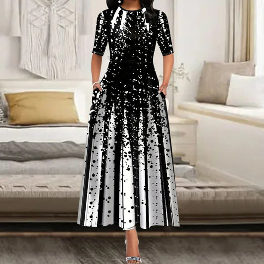 Women's Elegant Party Long Dresses Loose Round Neck Short Sleeves Retro Printed Casual Long Dress (Available)