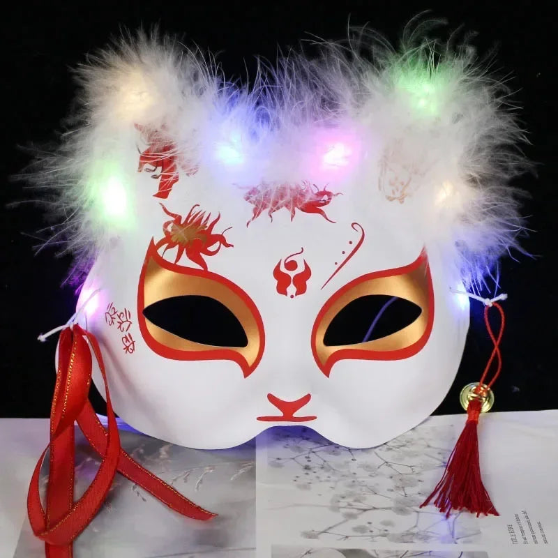 Luminous Feather Fox Mask Half Face Cat Anime Fox Mask Children Luminous Mask Eye Mask Makeup Party Role Play Props