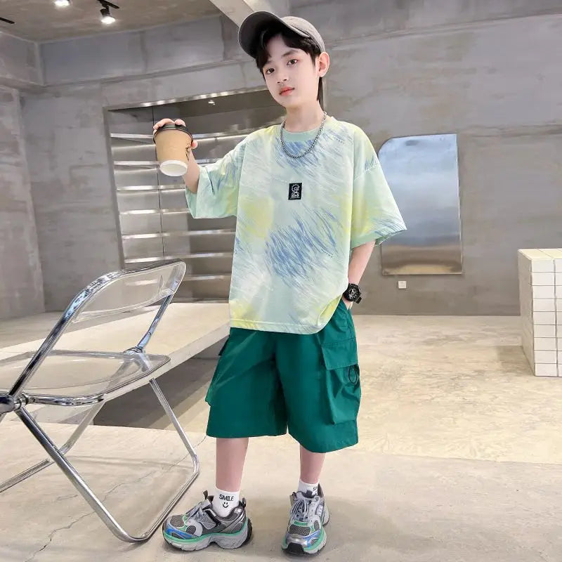Hip Hop Children Cotton Solid Sportswear Kid Boys Clothing Set Boys Summer Suit Teen Boys Short Sleeve + Pants 2piece loose