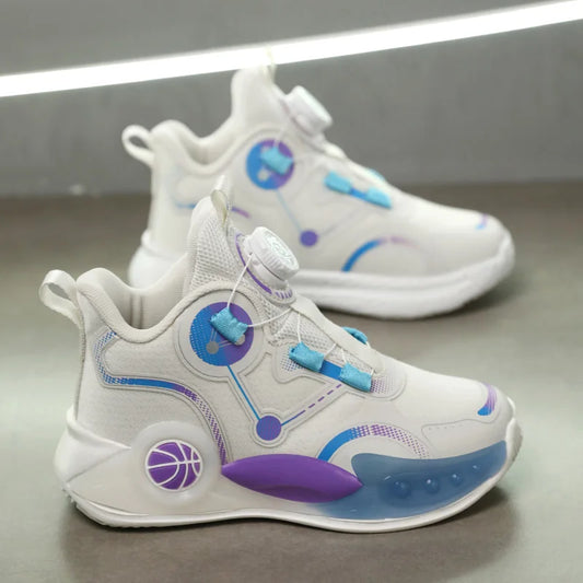 Children Basketball Shoes Boys Sports Comfortable Non Slip Flat Fitness Shoes New Rotating Button Sports Sneakers for Kids