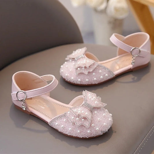 Girls' Princess Shoes Spring And Summer Sandals White Flat Dress Shoes Pearl Decoration For Kids And Teens