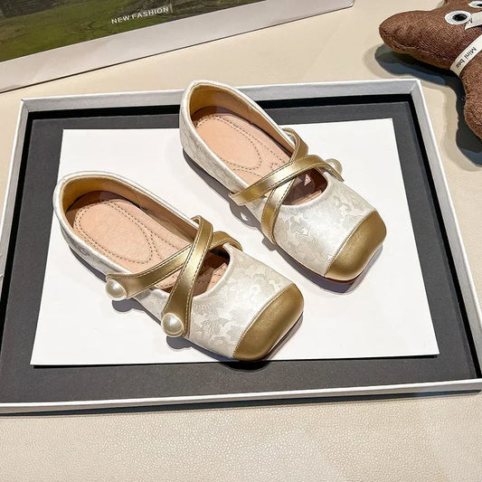 Spring Autumn Chinese Style Pearl Small PU Shoes Retro Versatile Girls Square Head Shallow Mouth Flats