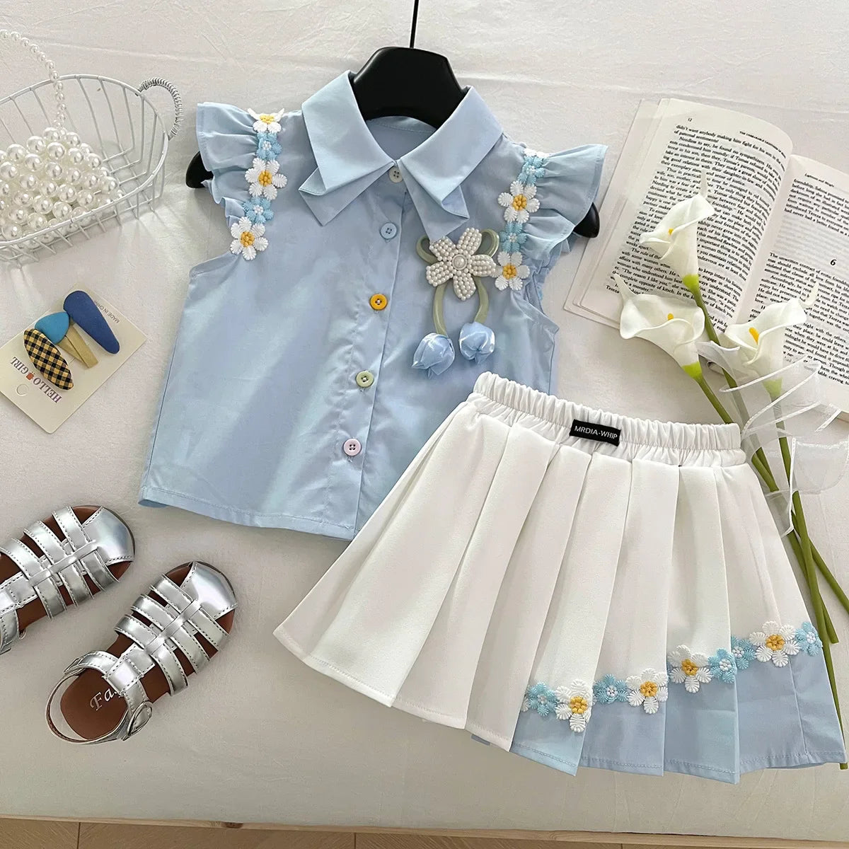 Summer New Baby Floral Short Sleeve Puff Sleeve Top Elastic Waist Pleated Skirt Girls' Set17401