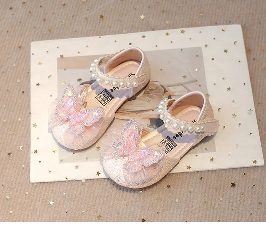Girls Dress Shoes for Wedding Party Bling Sequins with Rhinestone Butterfly Sweet Princess Chic Kids Flat Shoes Lace Beaded