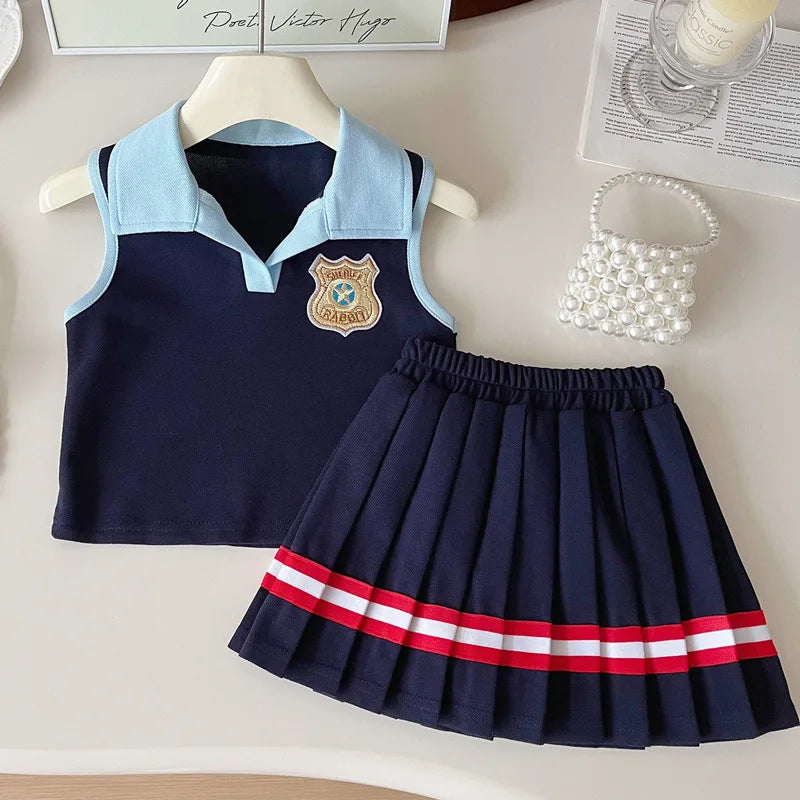 Baby Girl College Style Summer 2PCS Clothes Set Polo Collar Kid Girl Vest Top Set Thin Stylish Stripe Pleated Skirt Belle Outfit