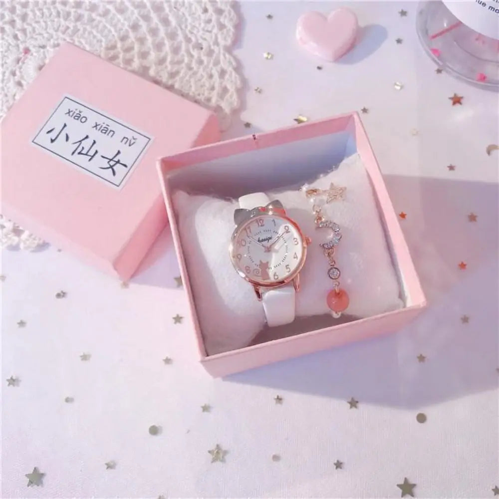 High Quality Quartz Clock Watch Bracelet Set Leather Watchband Casual Quartz Watch Cute Cat Ear Bracelet