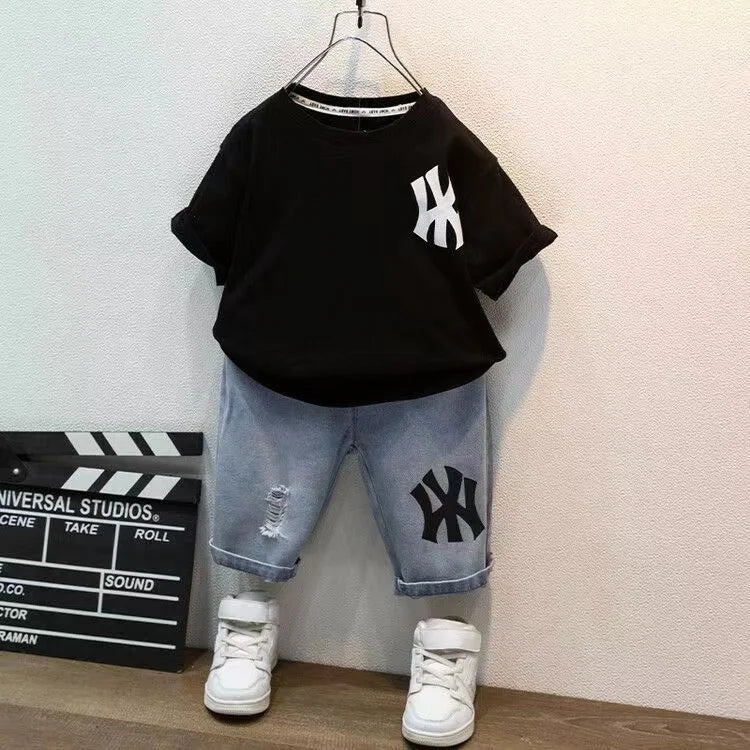 Short Sleeve Set Baby Boys Clothes Fashion Jeans Shorts Outfits Korean Casual Kids Cotton 2pcs Sport Clothing