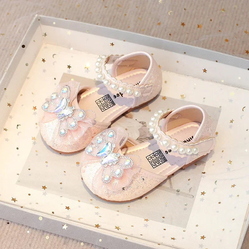 Baby Girls Leather Shoes Spring Summer Children Casual Half Sandals Sequins with Crystal Butterfly Fashion Princess Sweet