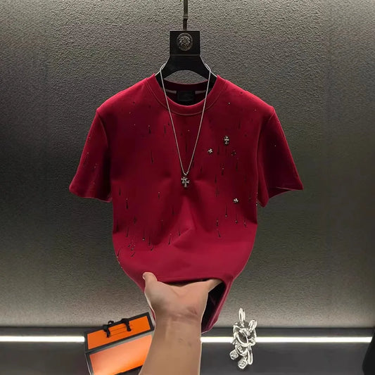 Spring New Heavy Work Light Luxury Custom Short Sleeve T-shirt Top Meteor Full Diamond T-shirt Round Neck Short Sleeve