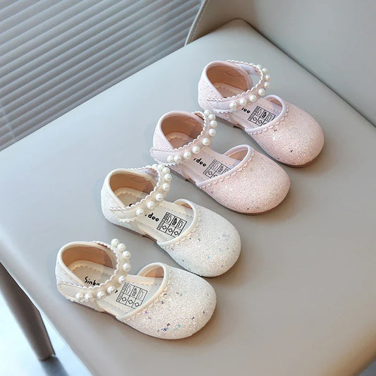 Girl's Princess Shoes Pearl Round Toe Glitter Sweet Kid's Flat Shoe Solid Colors Anti-slip Cute Party Daily Children Shoe