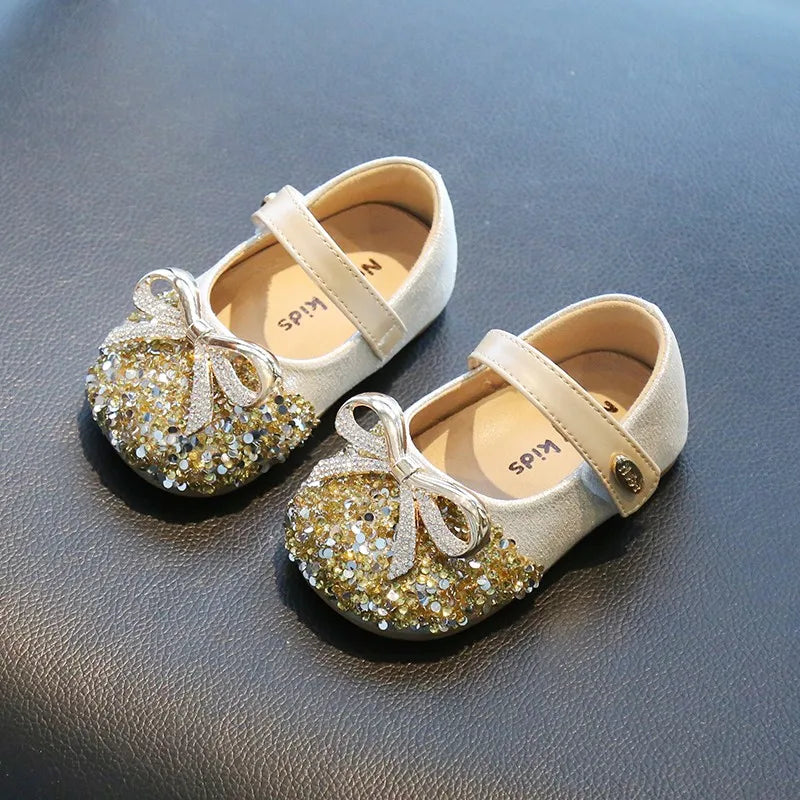 Bling Sequine Flats Shoes For Kids Princess Gold Silver Bowtie Dress Shoes For Toddler Girls Spring Autumn Causal Baby Walkers