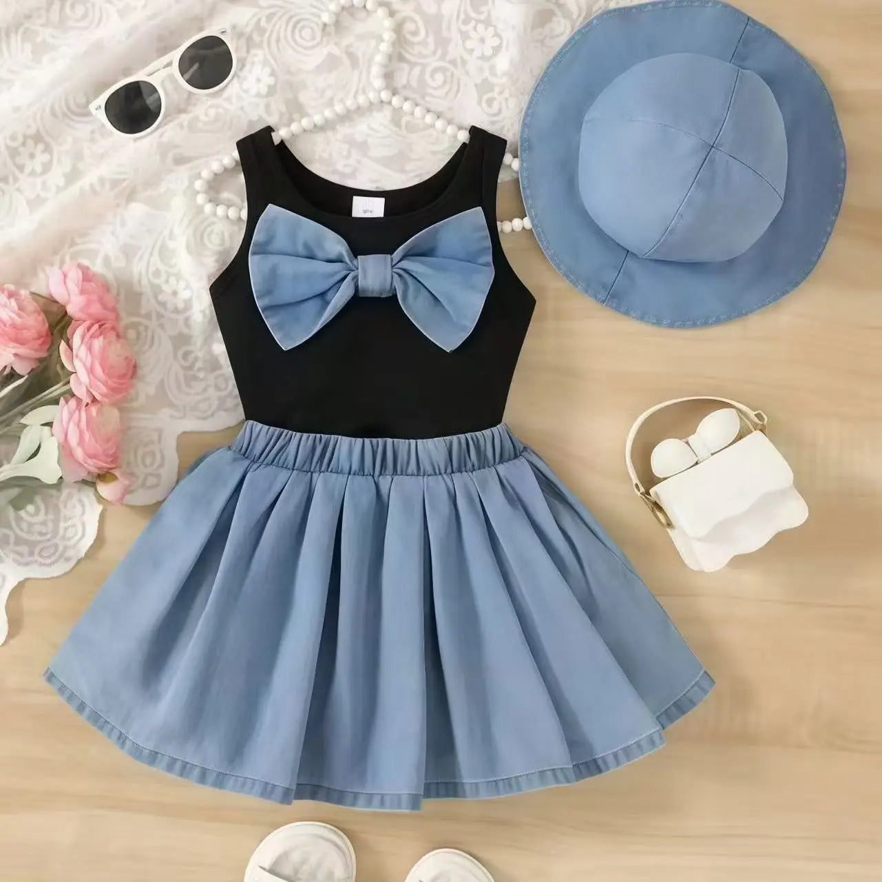 2026 New Summer Girls Elegant Sleeveless Bow Vest & Vintage Denim Princess Dress 9M-4Y