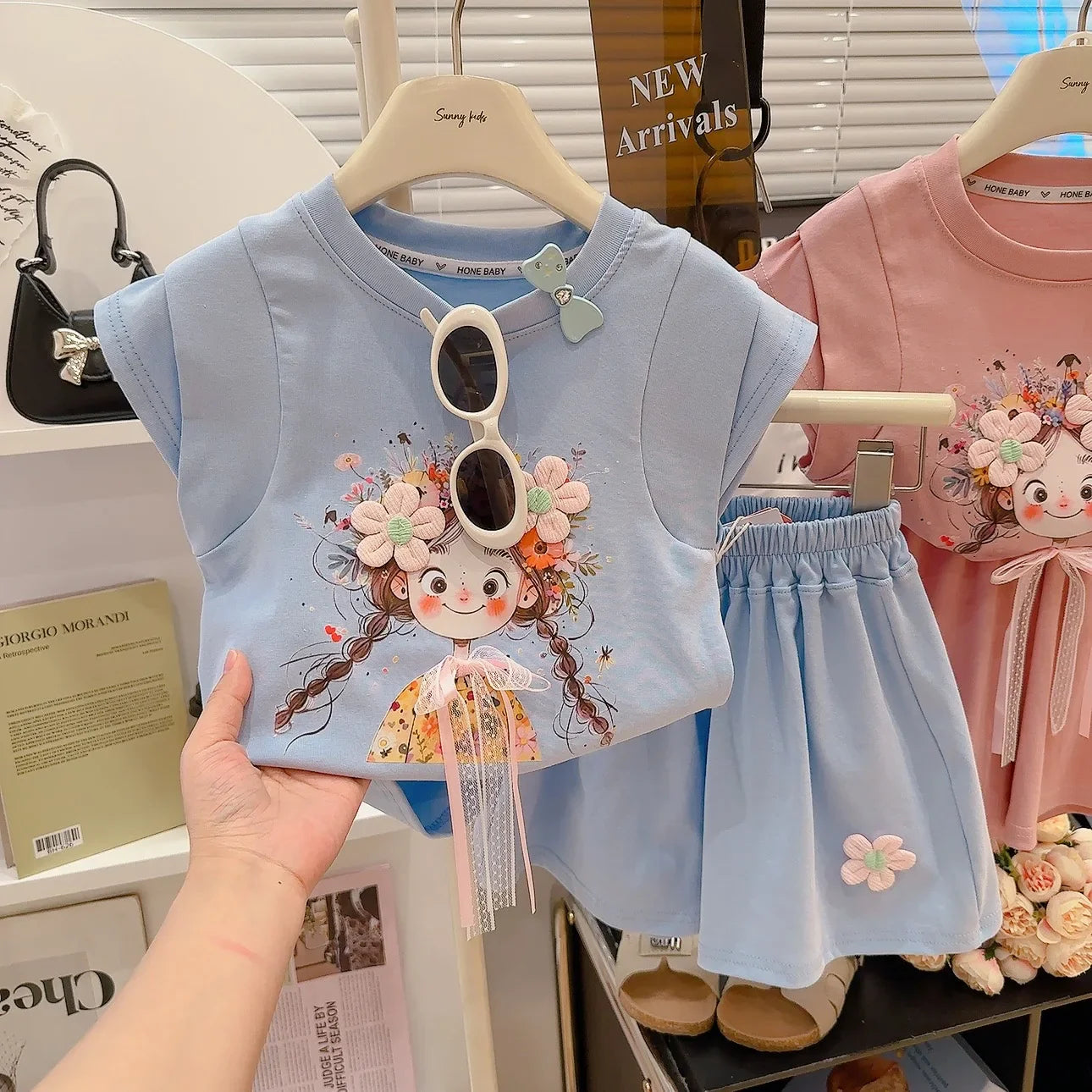 Korean Fresh Style Summer Set Cute Short Sleeve Top & High-Waist Shorts for Girls, 2-Piece Outfit