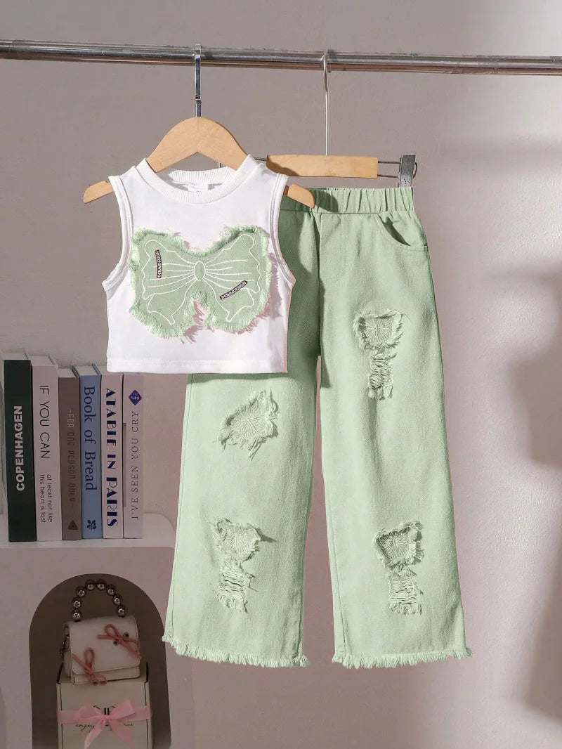 Unique Kid Set Summer Girl Sleeveless Applique Bow Camisole Top Ripped Denim Pants Two-Piece Children Suit Casual Comfortable