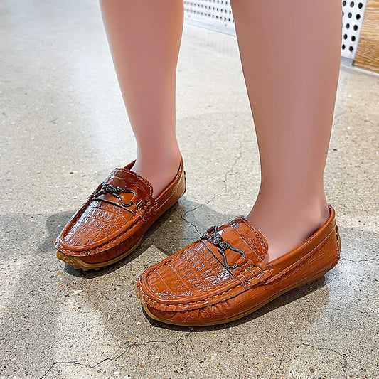 Boys Loafers Non-slip Children's Leather Shoes All-match Four Seasons Metal Buckle Shiny Simple Kids Fashion Moccasin Shoes