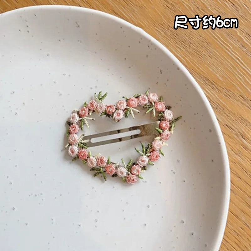 Pink Embroidered Flower Hairpin for Girls Kids Hair Clip Bangs Side Hair Accessory Barrettes